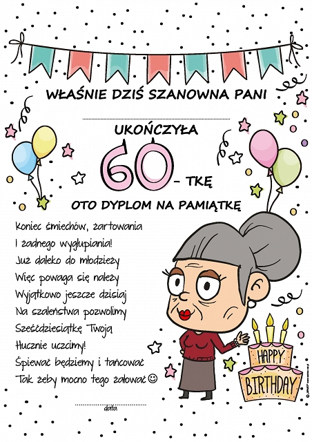 

dyplom 60 Lat A4 urodziny Kobieta A4