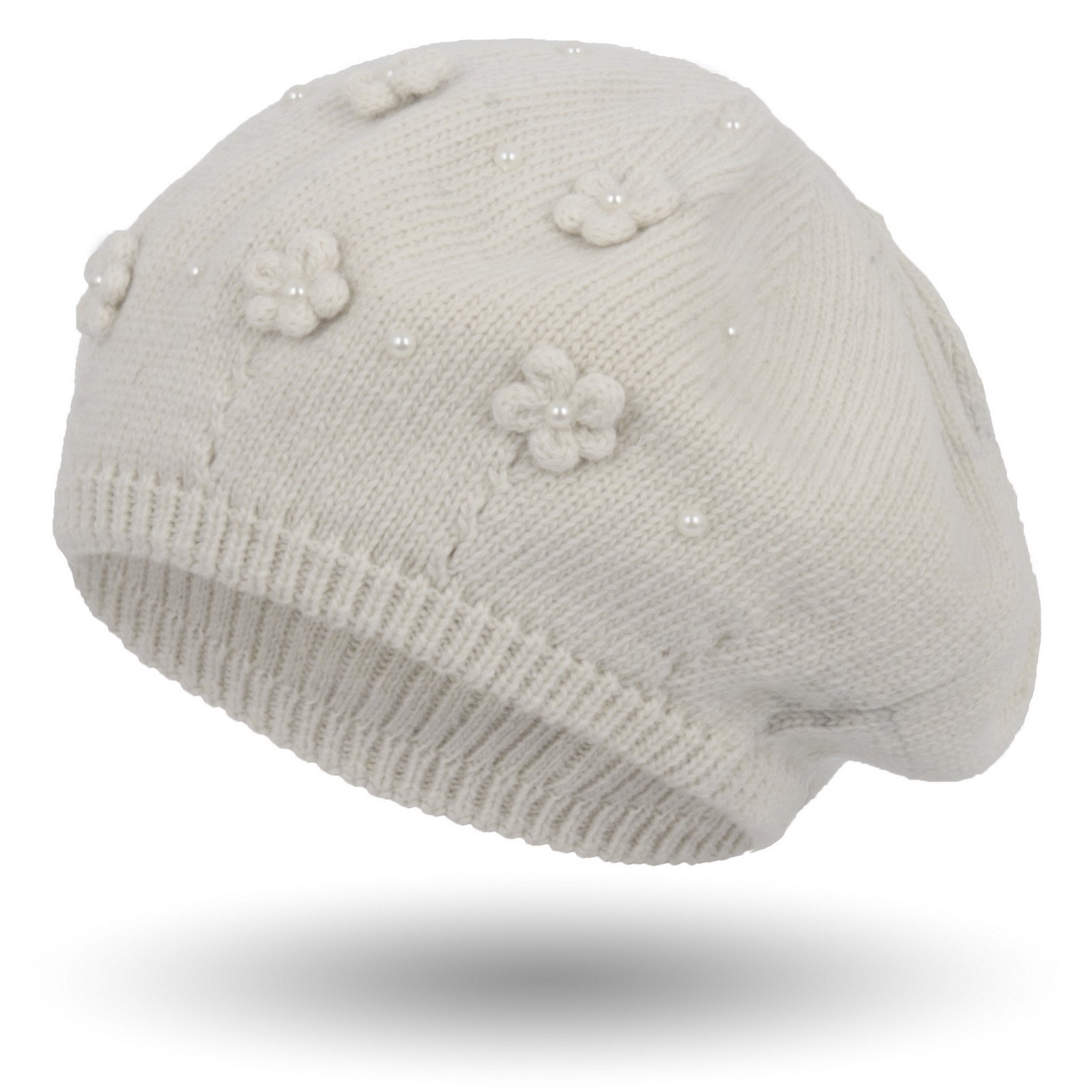 

W336A Damski Modny Beret Z Kwiatuszkami Kremowy