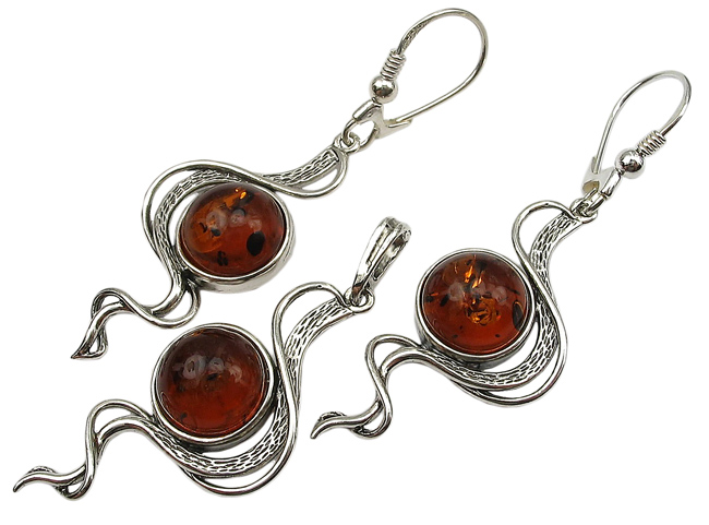 

Wisiorek I Kolczyki - Komplet Srebrny Z Bursztynem