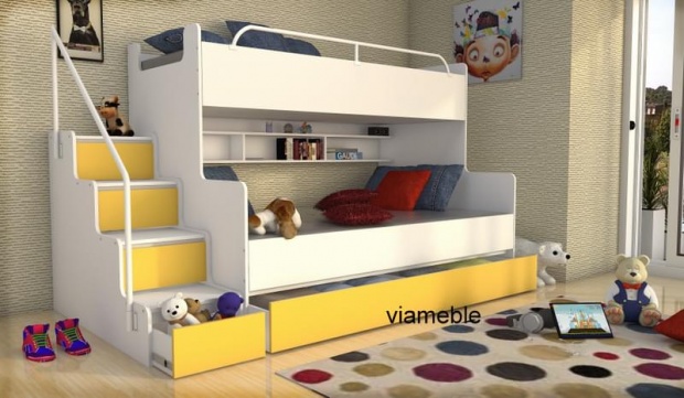 ŁÓŻKO PIĘTROWE DLA DZIECI 3 OSOBOWE JIM ZE SCHODAMI DLA DZIEWCZYNEK Wysokość mebla 150 cm