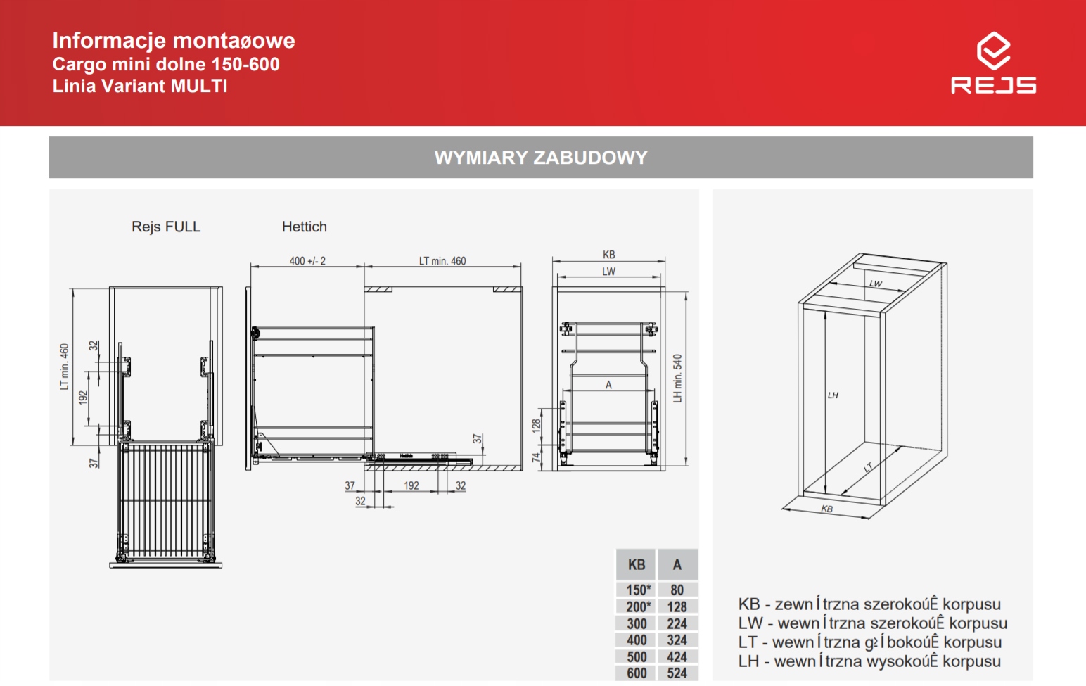 CARGO MULTI DOLNE JEDNOPOZIOMOWE 400 CHROM REJS Szerokość mebla 37 cm