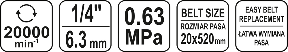 SZLIFIERKA TAŚMOWA CZOŁG PNEUMATYCZNA YATO 20x520 Ciśnienie robocze 6.3 bar