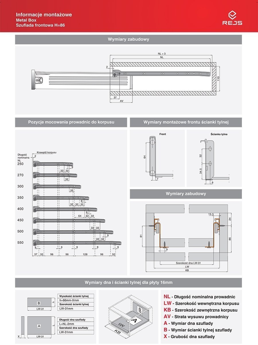 METALBOX metalowe boki do szuflady BIAŁE 450/86 Kod producenta 00178