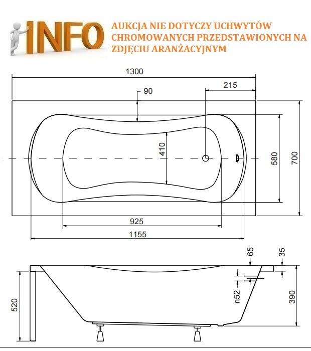 WANNA AKRYL BESCO ARIA 130x70 SYFON NOGI OBUDOWA Linia Aria