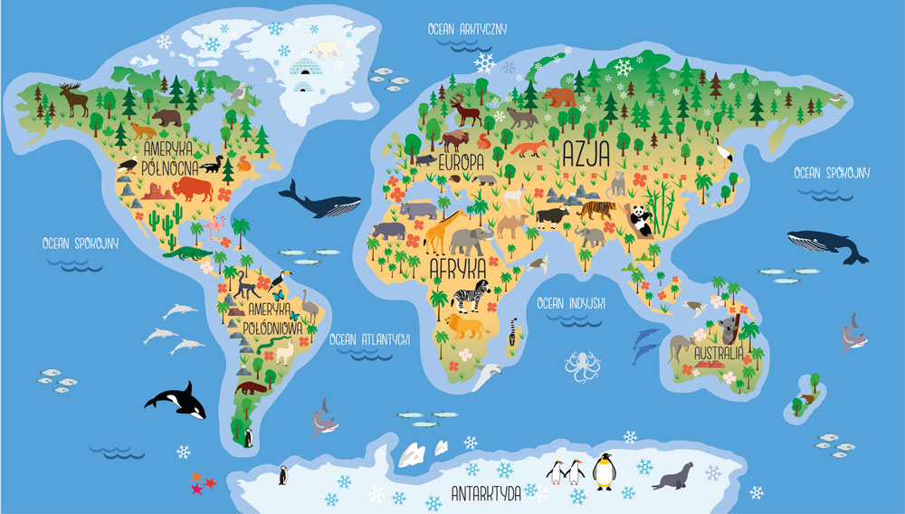 

Naklejka ścienna Mapa Świata 100 szt zwierząt