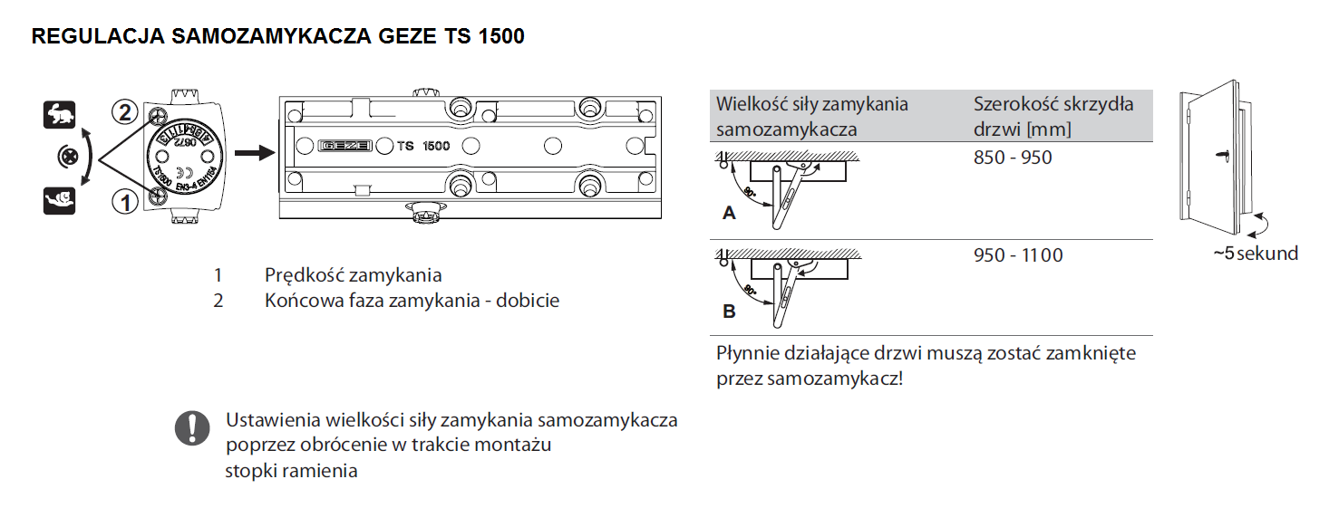 GEZE TS 1500 Samozamykacz + ramię z blokadą Marka Geze