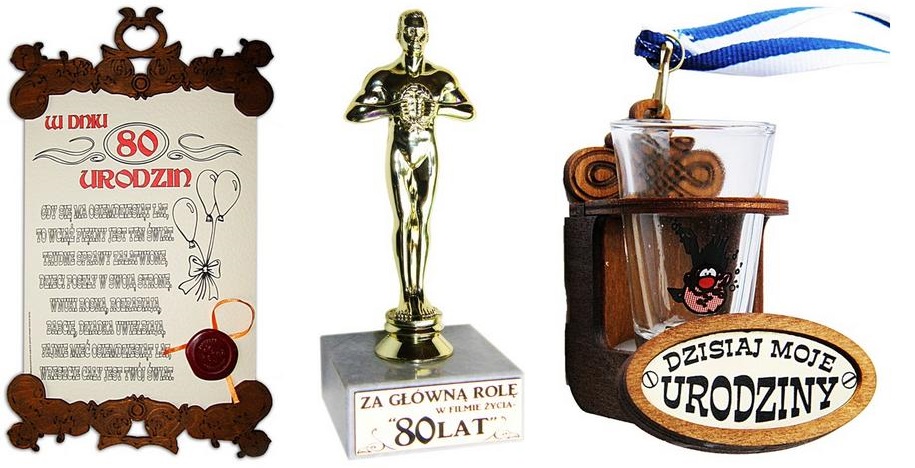 

Statuetka Urodziny 80 tka Kieliszek Dyplom