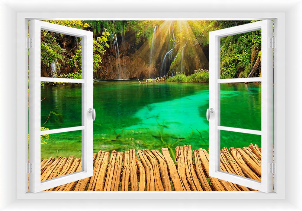 

Fototapeta Okno 3D Wodospad Pomost Góry 150x100
