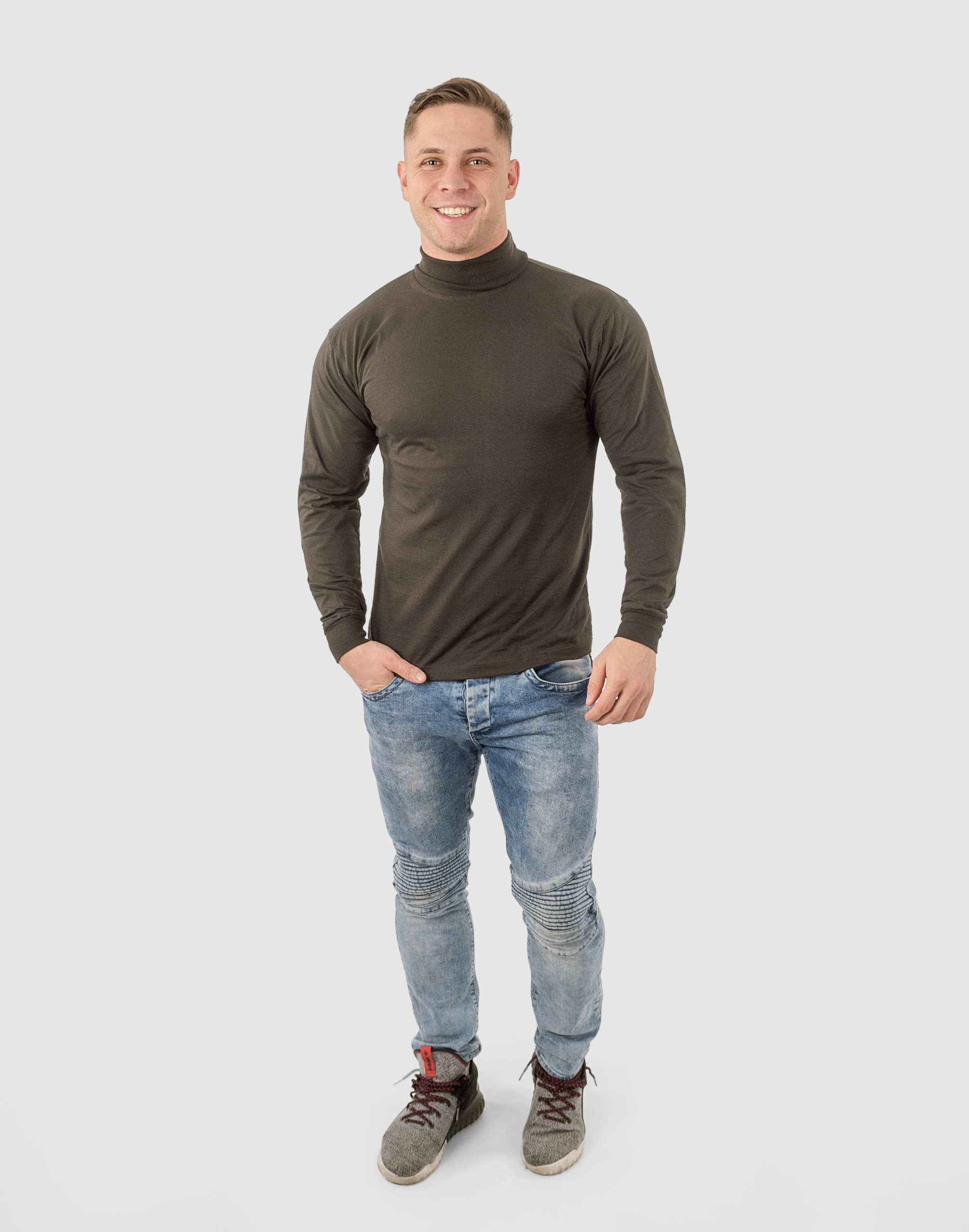 Elegancki Sweter Golf Męski Golfy WXM XXL brązowy Dekolt golf