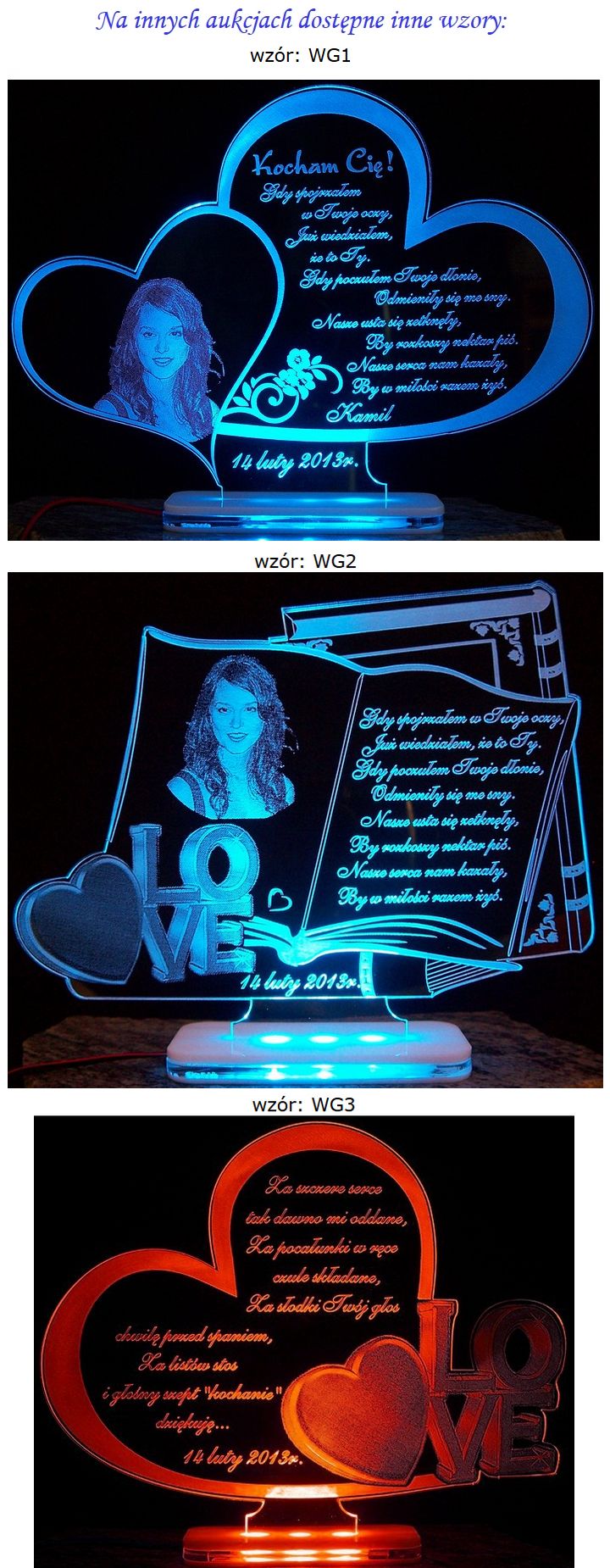 WALENTYNKI LED 4 KOLORY ZŁAMANE SERCE Z FOTO Wysokość produktu 16 cm