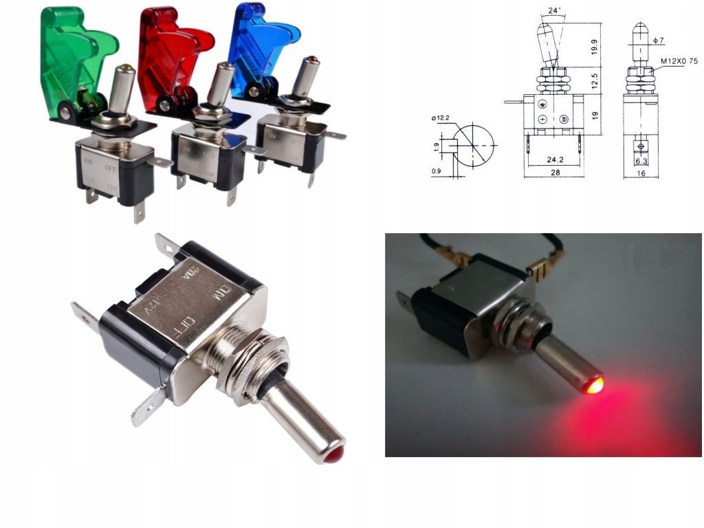 PRZEŁĄCZNIK ON-OFF czerwona dioda LED 12V / 20A Funkcje inne