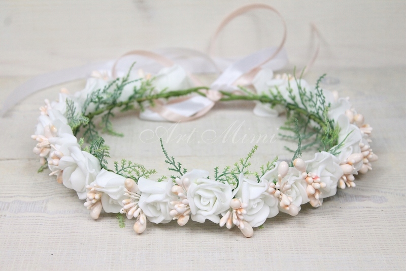 Wianek komunijny subtelny PUDROWY RÓŻ paproć PEREŁ Rodzaj wianek