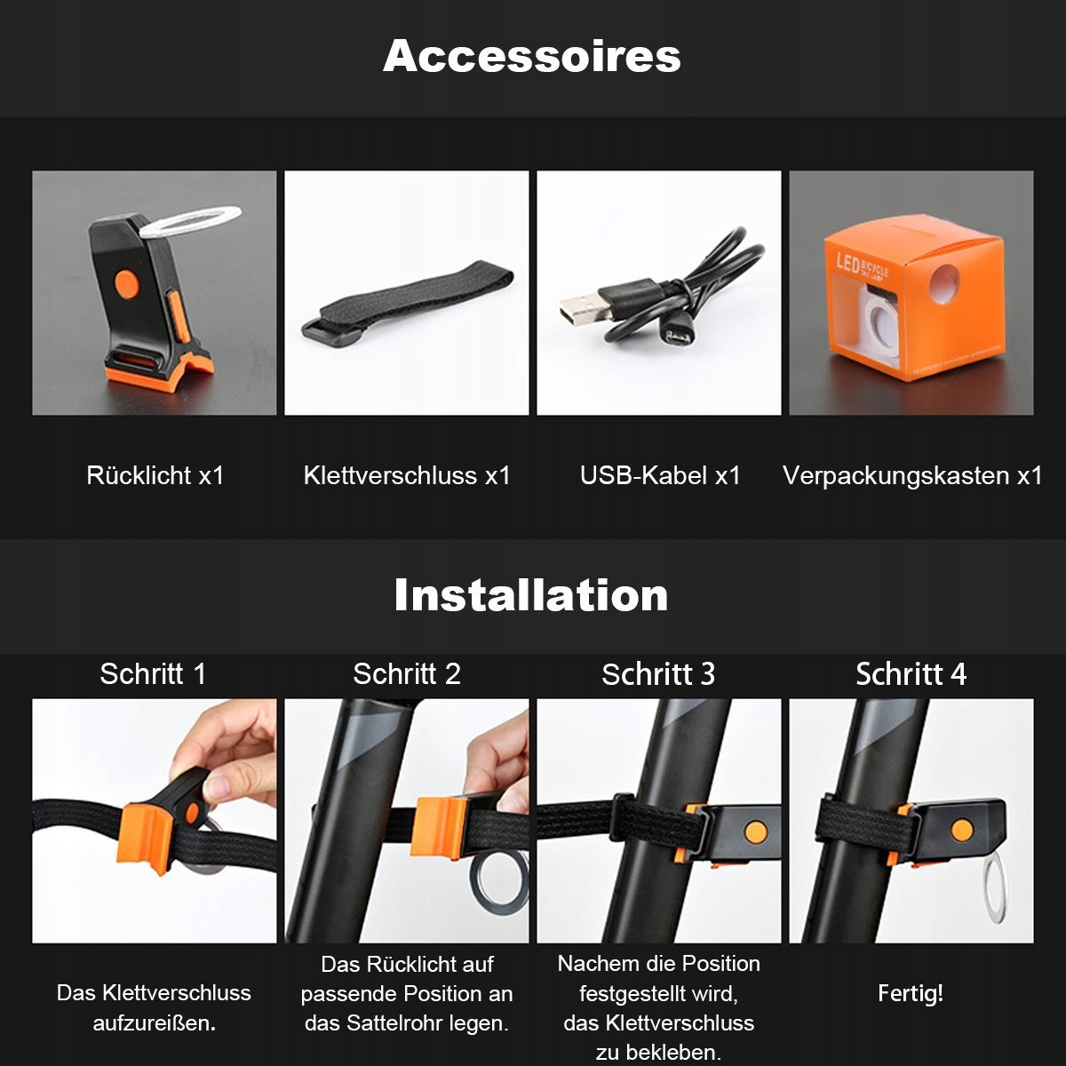 TYLNA LAMPKA ROWEROWA LED COB ŁADOWANA USB OUTERDO Kolor dominujący czarny