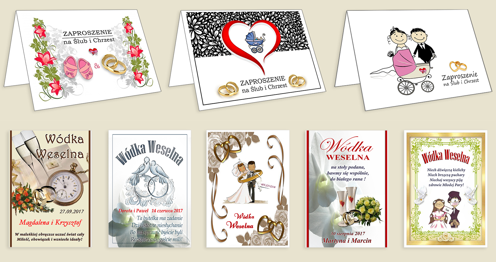 Zaproszenia na ŚLUB I CHRZEST 2 w 1 + KOPERTA Kolor dominujący biały