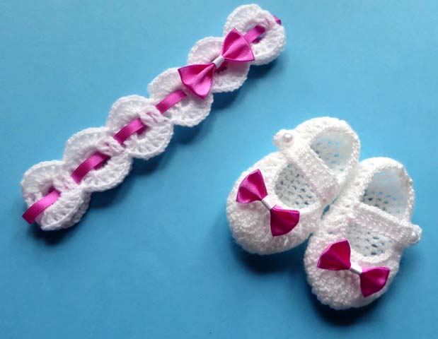 BUCIKI szydełkowe niemowlęce+OPASKA chrzest 10cm Materiał inny materiał