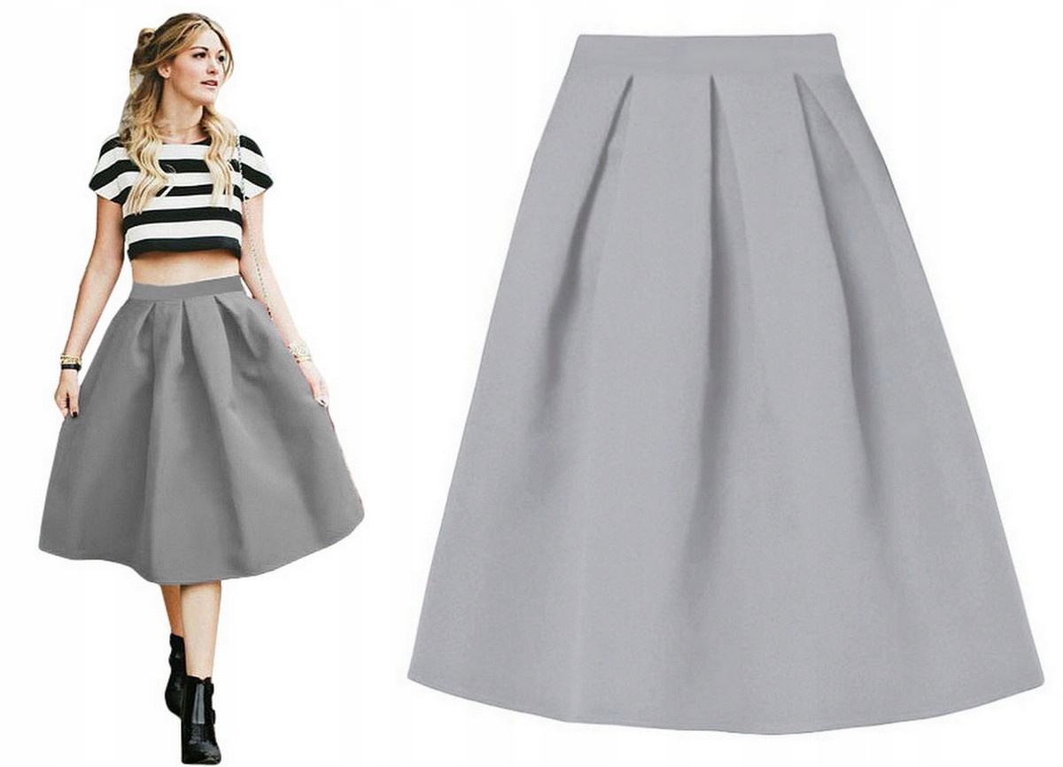 SPÓDNICA ROZKLOSZOWANA GRANATOWA MIDI MODNA 42 XL Długość midi