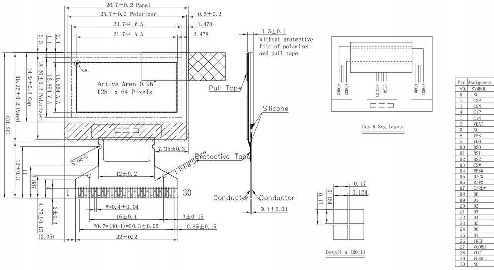 ART OLED 128x64 3V SSD1306 I2C SPI 0,96cala BLUE Kod producenta OHEM12864-03C