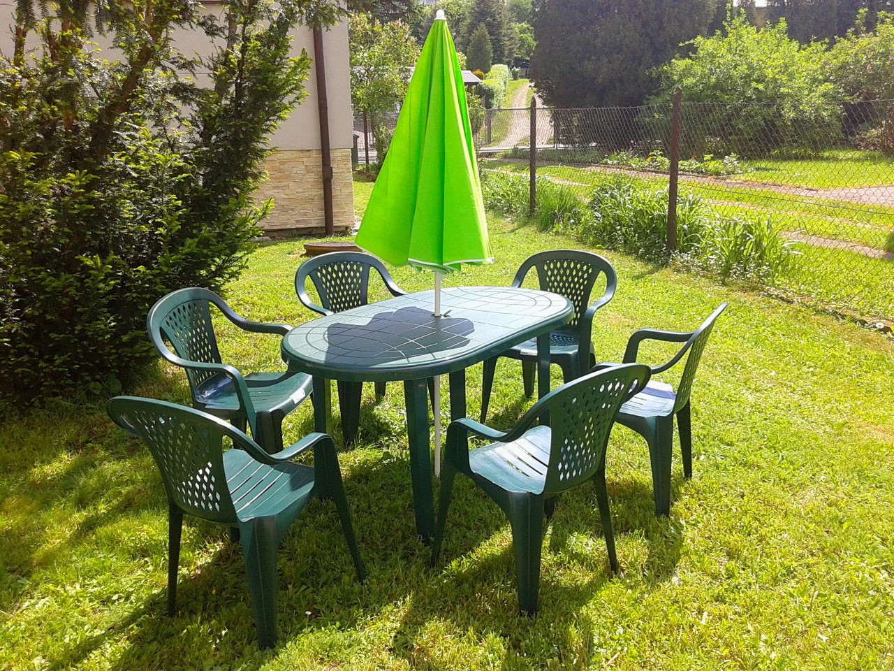 MEBLE OGRODOWE 6+1+PARASOL STÓŁ KRZESŁA ZIELONY Linia 126