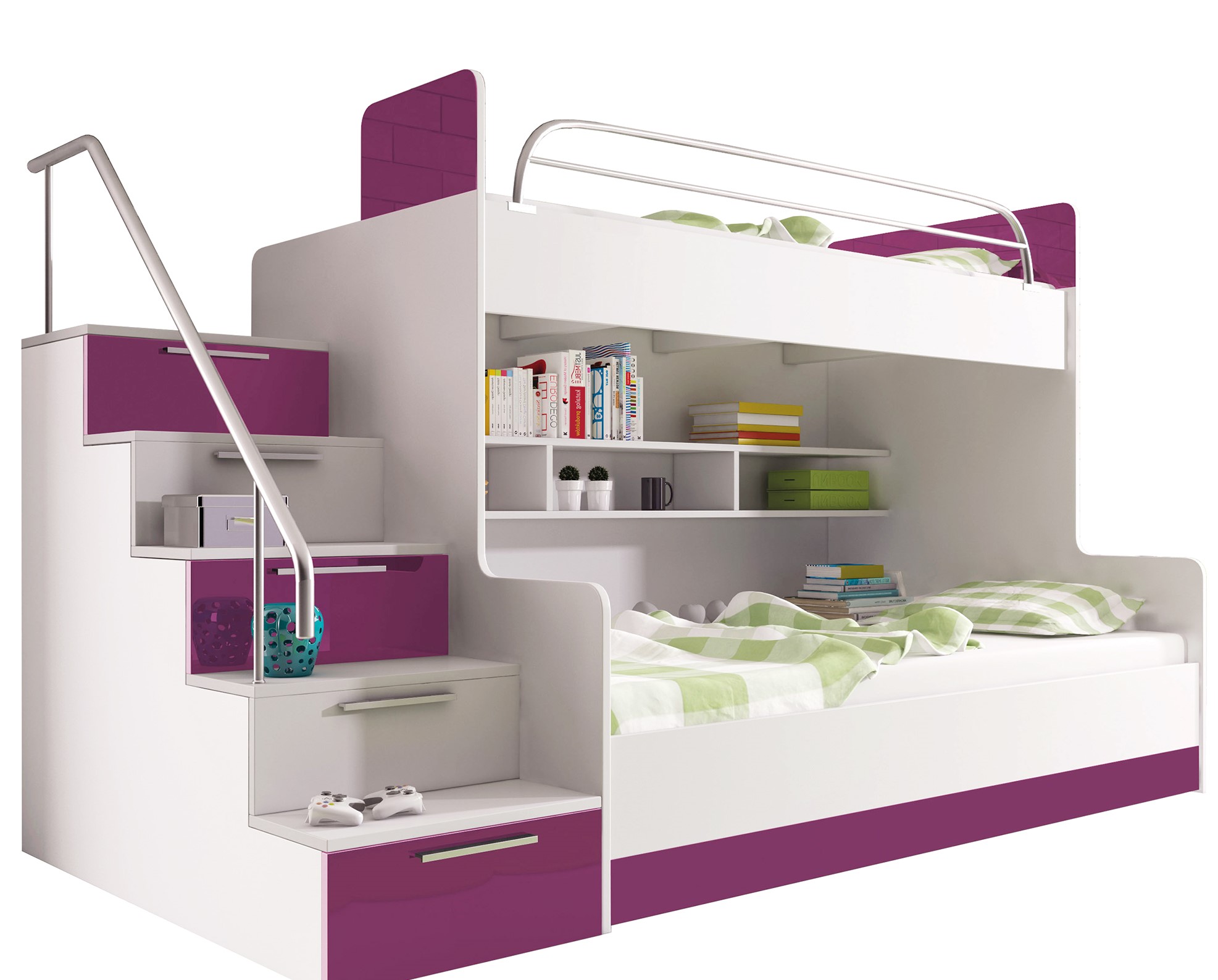 Łóżko piętrowe RAJ 2 BETA - długa barierka, fioletowy połysk