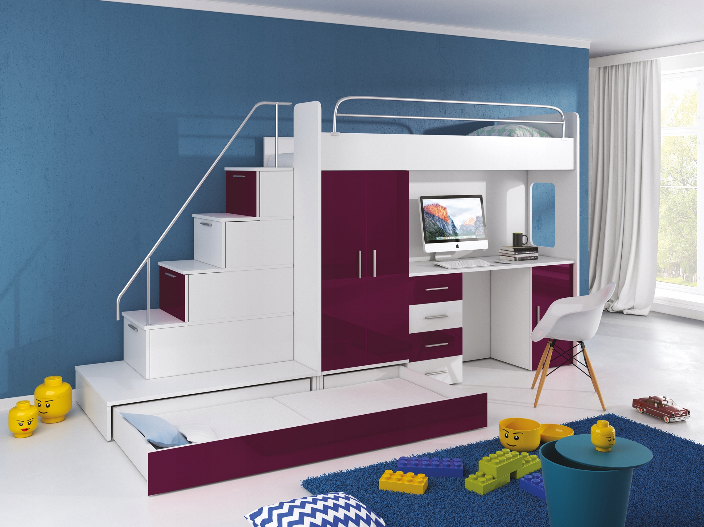 Двухъярусная кровать РАЙ 5 + нижняя кровать + сиденье