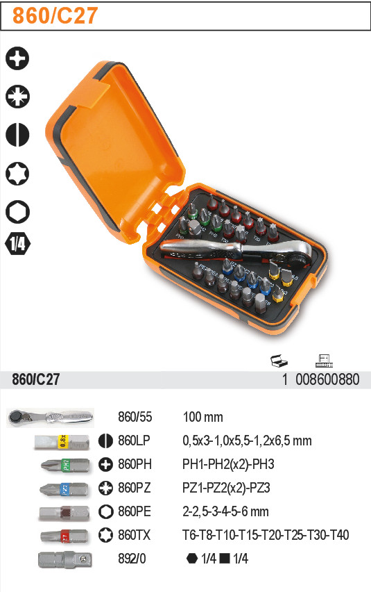 BETA ZESTAW 25 KOŃCÓWEK BITÓW POKRĘTŁO 860/C27 Kod producenta 860/C27