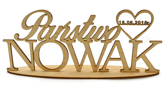 Napis nazwisko data na stół Pary Młodej drewniany Marka Wertom