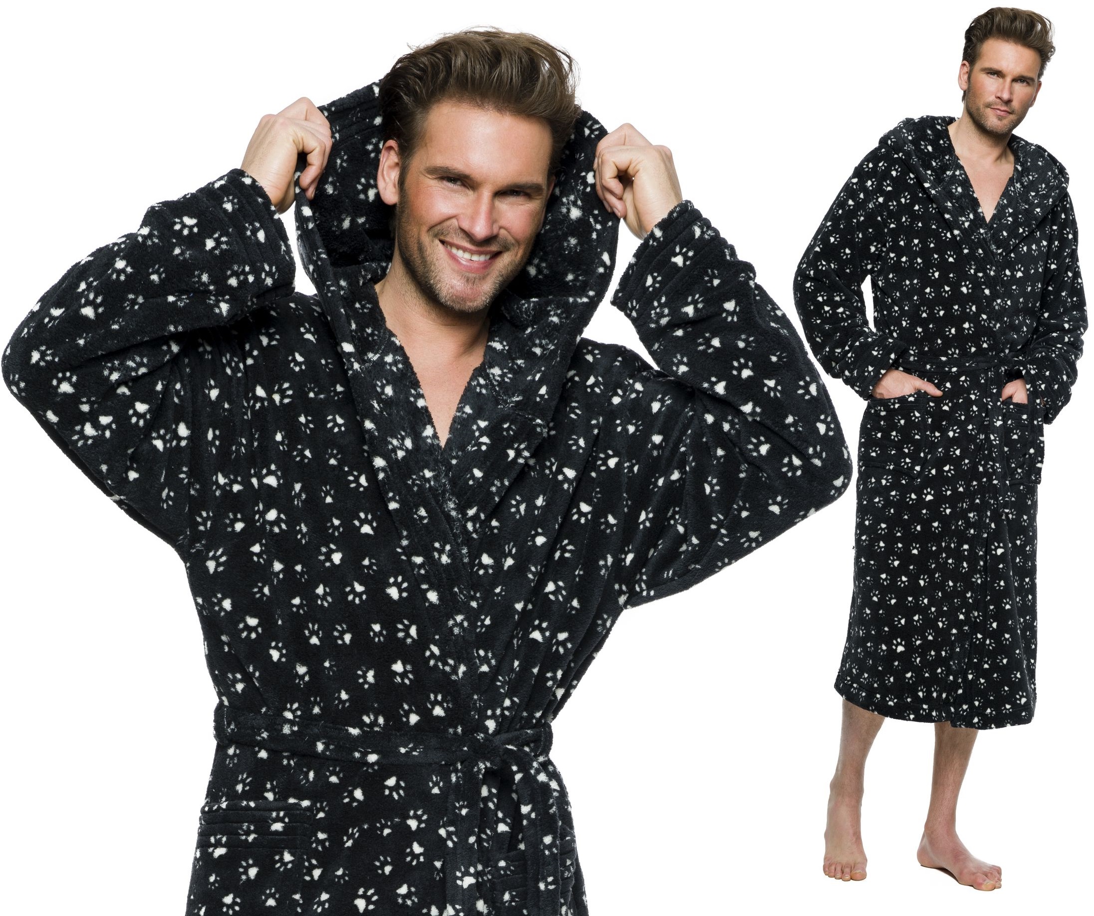 ŁAPKI MIŁY DŁUGI SZLAFROK MĘSKI Z KAPTUREM M