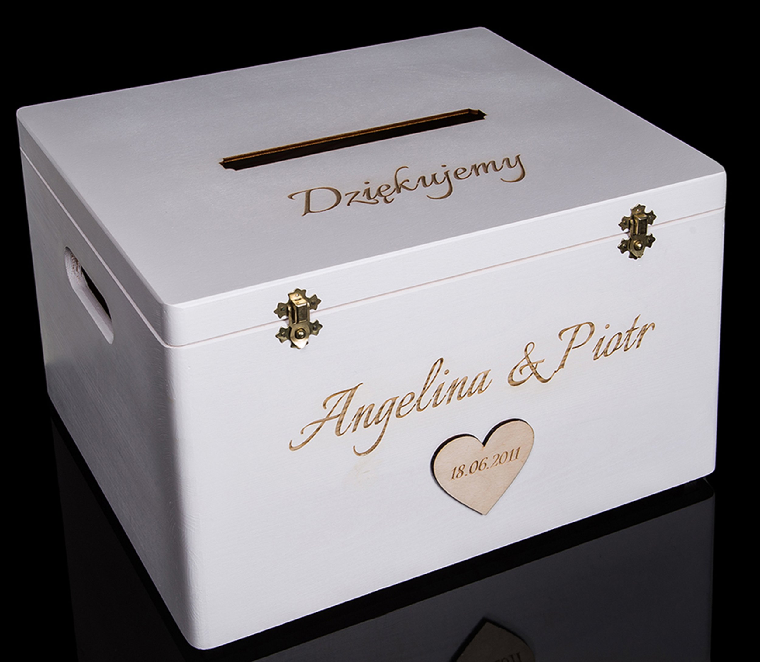 DREWNIANE PUDEŁKO NA KOPERTY WESELE ŚLUB GRAWER Wysokość produktu 23 cm