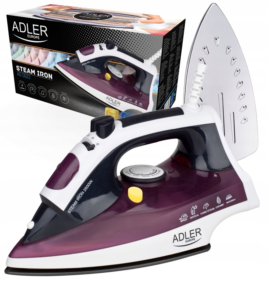 Żelazko Parowe 3000W Stalowa Stopa Self-Clean Anti-Calc Spryskiwacz Adler