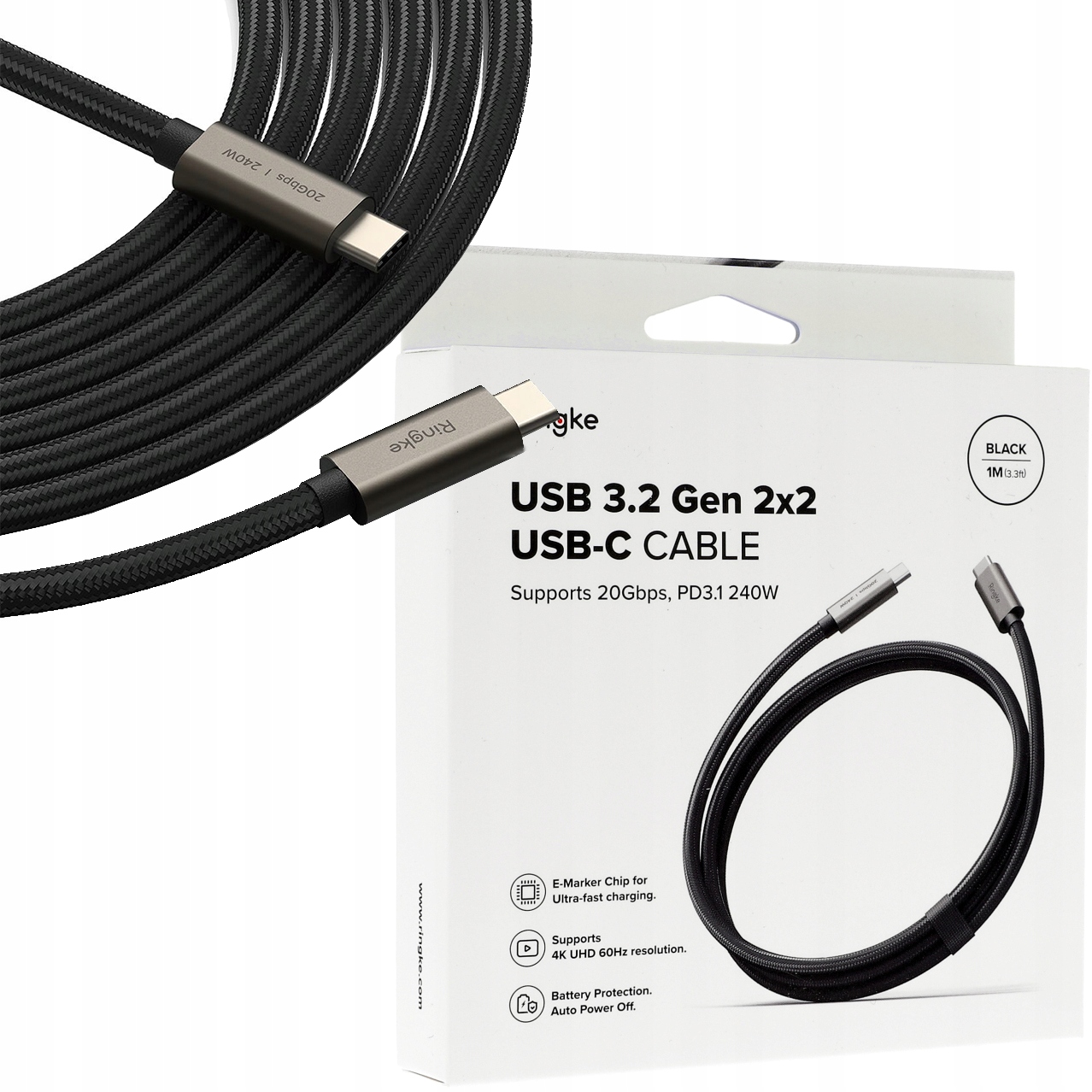 Kabel nylonowy Ringke Usb-c, 100 cm, 20 Gb/s. 240W, szybkie ładowanie, Qc