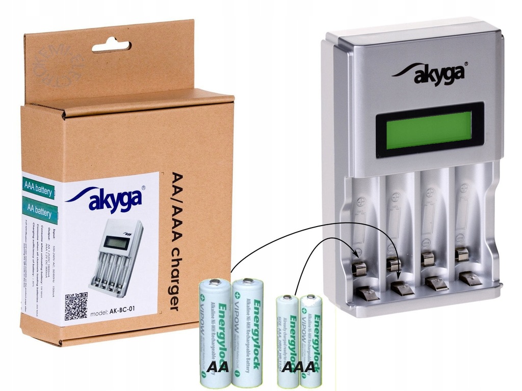 Szybka ładowarka akumulatorów z LCD AKYGA 4 AA AAA