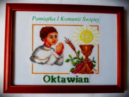 Haft krzyżykowy, komunia święta, obraz,chłopiec.