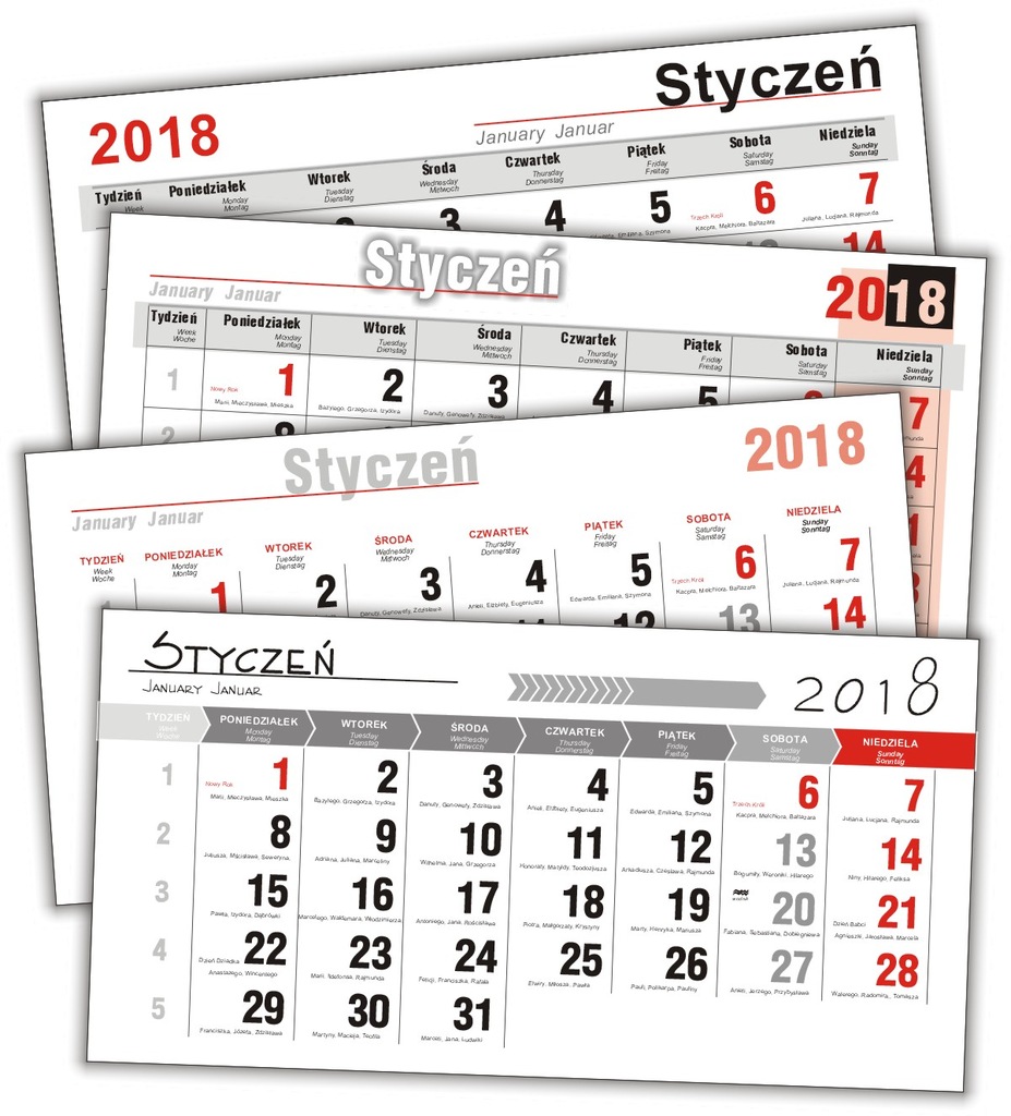 Kalendaria trójdzielne z imieninami 2018 - 4 wzory