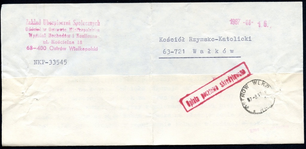 List Ostrów 1987 pismo ZUS opłata skredytowana