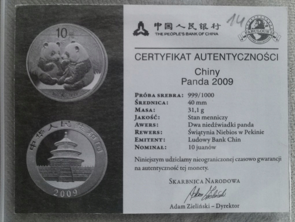 Certyfikat do monety Panda 2009 Chiny 1oz srebro