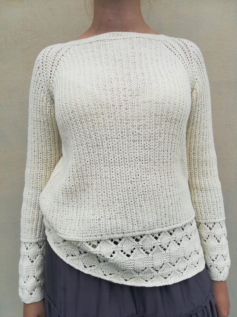 damski sweter ręcznie robiony na drutach ecru r.M