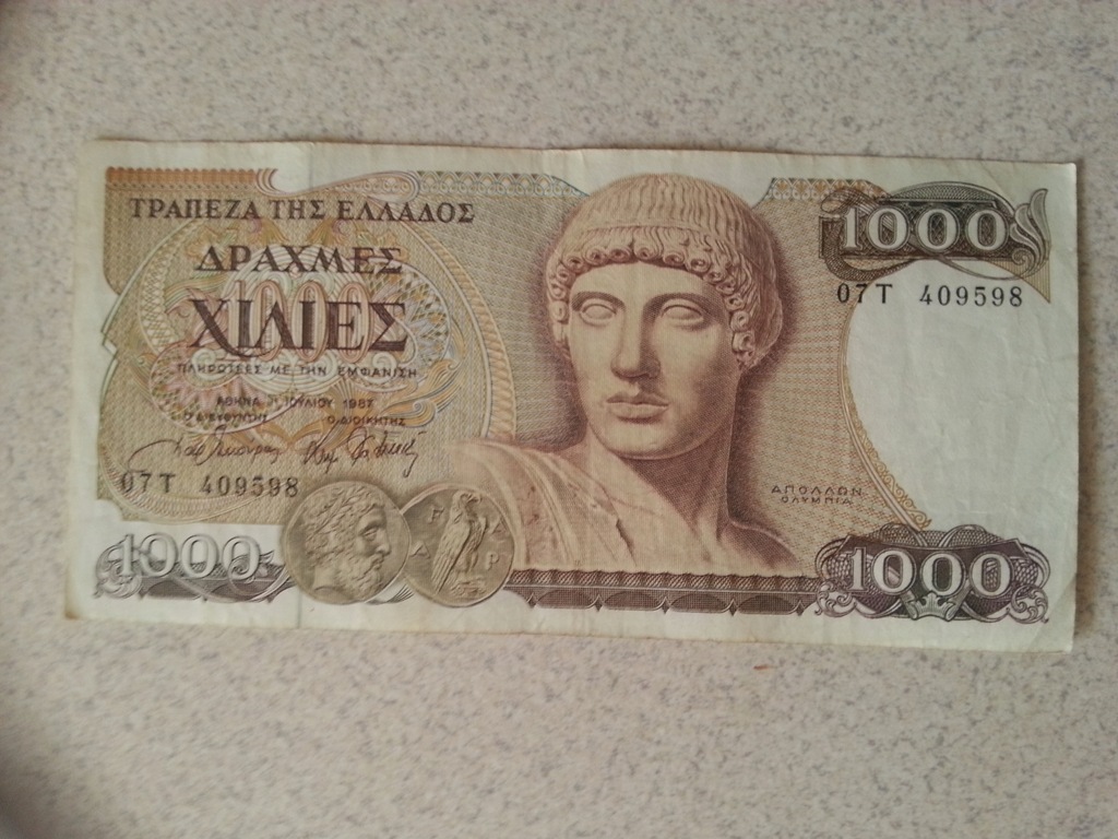 Banknot 1000 drachm 1987 rok Grecja.