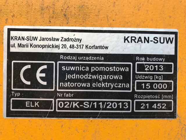 Suwnica pomostowa natorowa Kran-Suw 2013 r. 15 Ton
