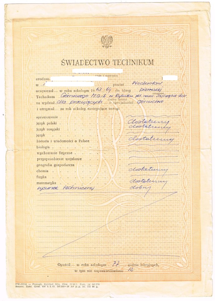 ŚWIADECTWO TECHNIKUM GÓRNICZE 1964
