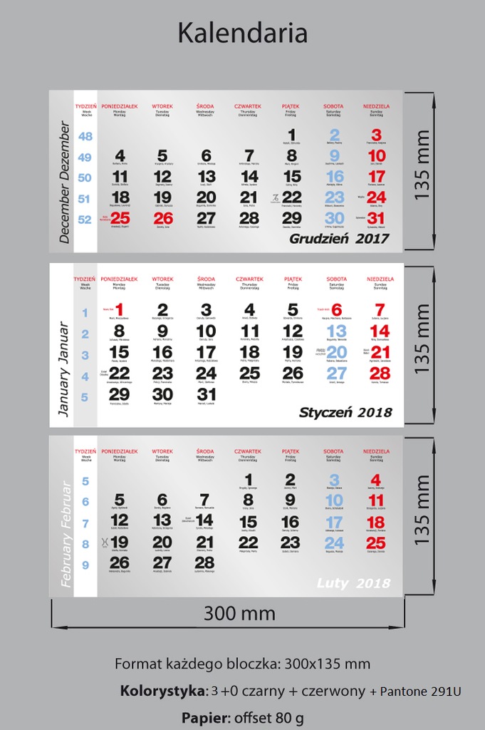 Kalendaria trójdzielne 2018 - 100 kompletów