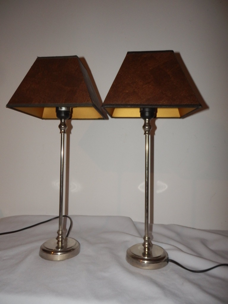 Lampki nocne niklowe wysokie 2szt kpl abażur skóra
