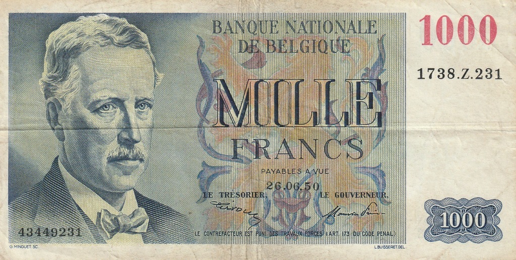 Belgia 1000 francs 1950