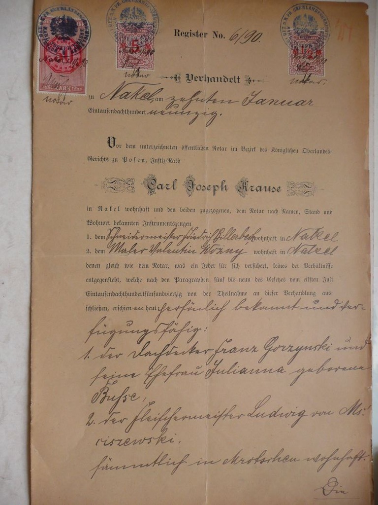 Dokument Nakło 1890 notariusz Krause, Mrocza