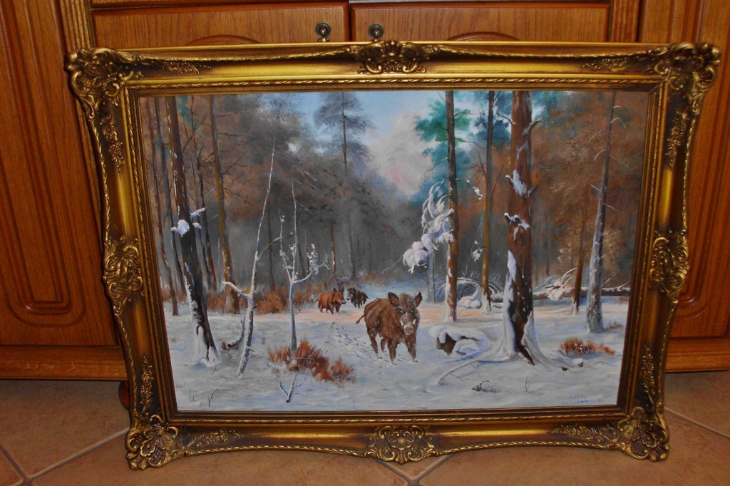 M. Rudziński  Dziki w zimowym lesie Olej 81x61cm