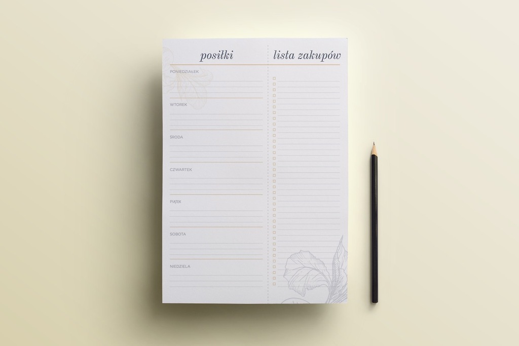 Planer, rozpiska posiłków. Lista zakupów.