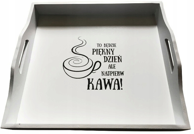 TACA DREWNIANA Z UCHWYTAMI BIAŁA NA KAWĘ ŚNIADANIE