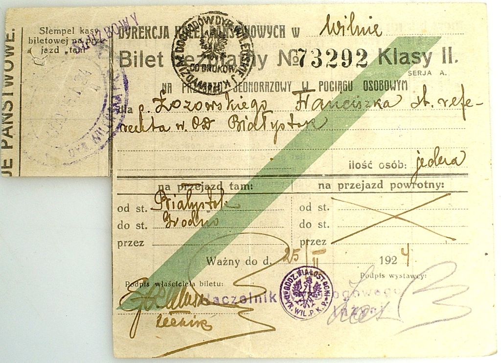 PKP Wilno BILET BEZPŁATNY Białystok Grodno 1924