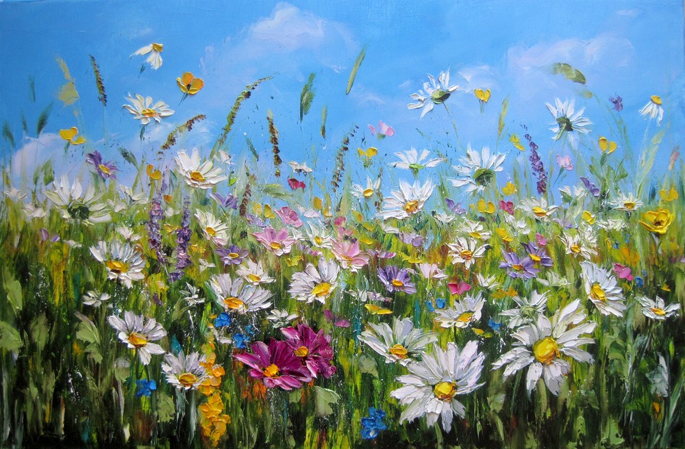 *JN* LETNIA ŁĄKA,  kwiaty, obraz olejny 60X40