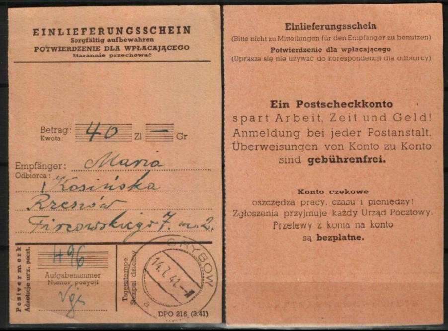 GG - Potwierdzenie wpłaty - datownik Grybów 1941 r