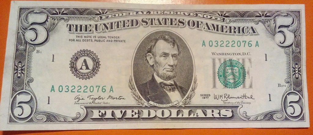 5 DOLARÓW USA $ 1977 LINCOLN FEDERAL RESERVE NOTE